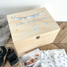 Load image into Gallery viewer, Personalised Blue Garland New Baby Keepsake Box - 5 Sizes (16cm | 20cm | 26cm | 30cm | 36cm)