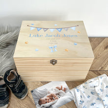 Load image into Gallery viewer, Personalised Blue Garland New Baby Keepsake Box - 5 Sizes (16cm | 20cm | 26cm | 30cm | 36cm)