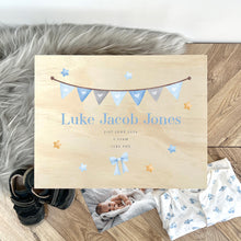 Load image into Gallery viewer, Personalised Blue Garland New Baby Keepsake Box - 5 Sizes (16cm | 20cm | 26cm | 30cm | 36cm)