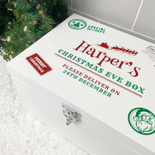 Load image into Gallery viewer, Personalised White Wooden North Pole Postal Stamp Christmas Eve Box - 3 Sizes (22cm | 27cm | 30cm)
