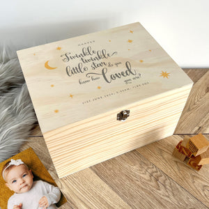 You added Personalised Twinkle Twinkle New Baby Keepsake Box - 5 Sizes (16cm | 20cm | 26cm | 30cm | 36cm) to your cart.
