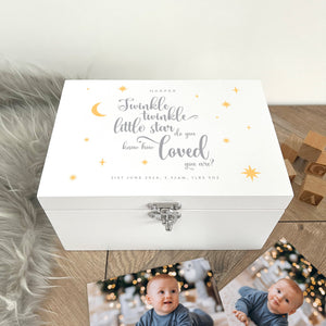 You added Personalised Twinkle Twinkle New Baby White Wooden Memory Box - 3 Sizes (22cm | 27cm | 30cm) to your cart.