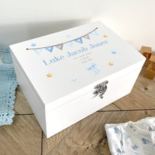 Load image into Gallery viewer, Personalised Blue Garland New Baby White Wooden Memory Box - 3 Sizes (22cm | 27cm | 30cm)