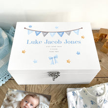 Load image into Gallery viewer, Personalised Blue Garland New Baby White Wooden Memory Box - 3 Sizes (22cm | 27cm | 30cm)