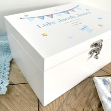 Load image into Gallery viewer, Personalised Blue Garland New Baby White Wooden Memory Box - 3 Sizes (22cm | 27cm | 30cm)
