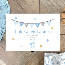 Load image into Gallery viewer, Personalised Blue Garland New Baby White Wooden Memory Box - 3 Sizes (22cm | 27cm | 30cm)