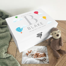 Load image into Gallery viewer, Personalised Hot Air Balloon New Baby White Wooden Memory Box - 3 Sizes (22cm | 27cm | 30cm)