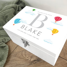 Load image into Gallery viewer, Personalised Hot Air Balloon New Baby White Wooden Memory Box - 3 Sizes (22cm | 27cm | 30cm)
