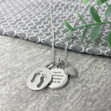 Load image into Gallery viewer, Personalised Sterling Silver Footprints and Cubic Zirconia Heart Necklace