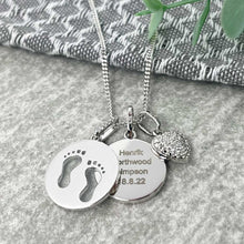 Load image into Gallery viewer, Personalised Sterling Silver Footprints and Cubic Zirconia Heart Necklace