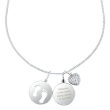 Load image into Gallery viewer, Personalised Sterling Silver Footprints and Cubic Zirconia Heart Necklace