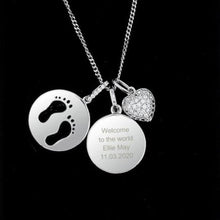 Load image into Gallery viewer, Personalised Sterling Silver Footprints and Cubic Zirconia Heart Necklace