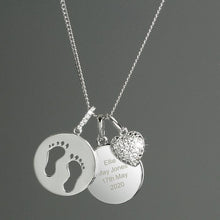 Load image into Gallery viewer, Personalised Sterling Silver Footprints and Cubic Zirconia Heart Necklace