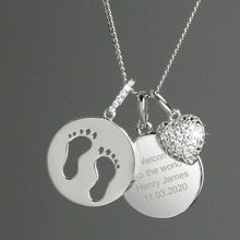 Load image into Gallery viewer, Personalised Sterling Silver Footprints and Cubic Zirconia Heart Necklace
