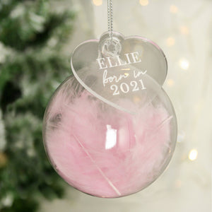 You added Personalised Born In Pink Feather Glass Bauble With Heart Tag to your cart.