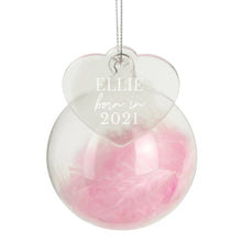 Load image into Gallery viewer, Personalised Born In Pink Feather Glass Bauble With Heart Tag
