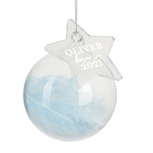 Load image into Gallery viewer, Personalised Born In Blue Feather Glass Bauble With Star Tag
