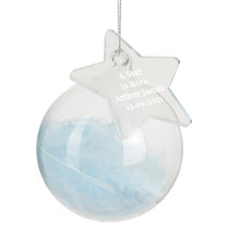 Load image into Gallery viewer, Personalised Free Text Blue Feather Glass Bauble With Star Tag
