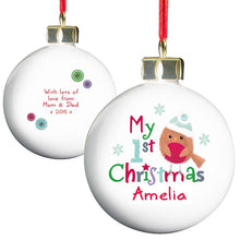 Load image into Gallery viewer, Personalised &#39;My 1st Christmas&#39; Bauble with Felt Robin
