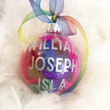 Load image into Gallery viewer, Personalised Rainbow Feathers Glass Bauble