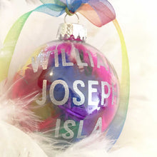 Load image into Gallery viewer, Personalised Rainbow Feathers Glass Bauble