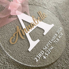 Load image into Gallery viewer, Initial &amp; Name Clear Acrylic Hanging Sign (Pink, Blue, Silver or Gold)

