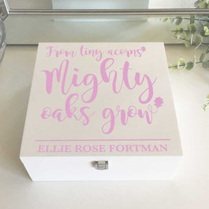 'Tiny Acorns Mighty Oaks' White Luxury Wooden Square Keepsake Box (Black, Silver, Gold, Pink or Blue)
