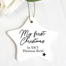 Load image into Gallery viewer, Personalised First Christmas in NICU Star Christmas Decoration
