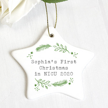 Load image into Gallery viewer, Personalised First Christmas in NICU Holly Design Star Christmas Decoration
