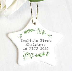 Personalised First Christmas in NICU Holly Design Star Christmas Decoration
