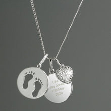 Load image into Gallery viewer, Personalised Sterling Silver Footprints and Cubic Zirconia Heart Necklace
