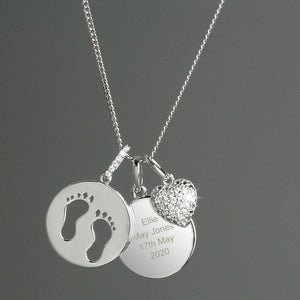 Personalised Sterling Silver Footprints and Cubic Zirconia Heart Necklace