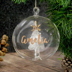 Personalised Gold Glitter Name Glass Christmas Bauble - Tree, Angel, LED Angel