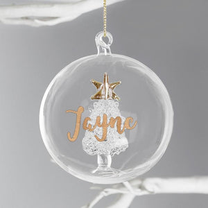 Personalised Gold Glitter Name Glass Christmas Bauble - Tree, Angel, LED Angel