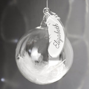 Personalised Feather Glass Bauble - White, Pink, Blue