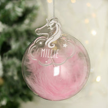 Load image into Gallery viewer, Personalised Pink Feather Glass Bauble With Unicorn Tag
