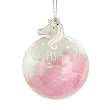 Load image into Gallery viewer, Personalised Pink Feather Glass Bauble With Unicorn Tag
