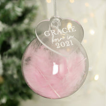 Load image into Gallery viewer, Personalised Born In Pink Feather Glass Bauble With Heart Tag
