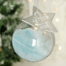 Load image into Gallery viewer, Personalised Born In Blue Feather Glass Bauble With Star Tag
