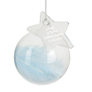 Personalised Free Text Blue Feather Glass Bauble With Star Tag