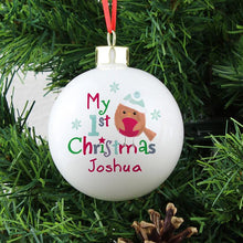Load image into Gallery viewer, Personalised &#39;My 1st Christmas&#39; Bauble with Felt Robin - on Tree
