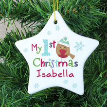 Load image into Gallery viewer, Personalised &#39;My 1st Christmas&#39; Star with Felt Robin Image - on tree
