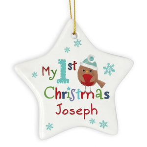 Personalised 'My 1st Christmas' Star with Felt Robin Image