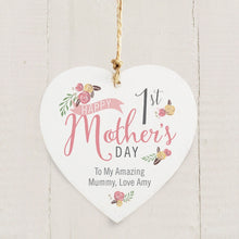 Load image into Gallery viewer, Personalised Floral Bouquet 1st Mothers Day Wooden Heart Decoration
