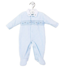 Load image into Gallery viewer, Sky Blue Star Design Jacquard Velour Premature Baby Onesie Babygro
