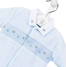 Load image into Gallery viewer, Sky Blue Star Design Jacquard Velour Premature Baby Onesie Babygro
