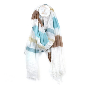 Lightweight White Scarf - Blue & Taupe Stripes
