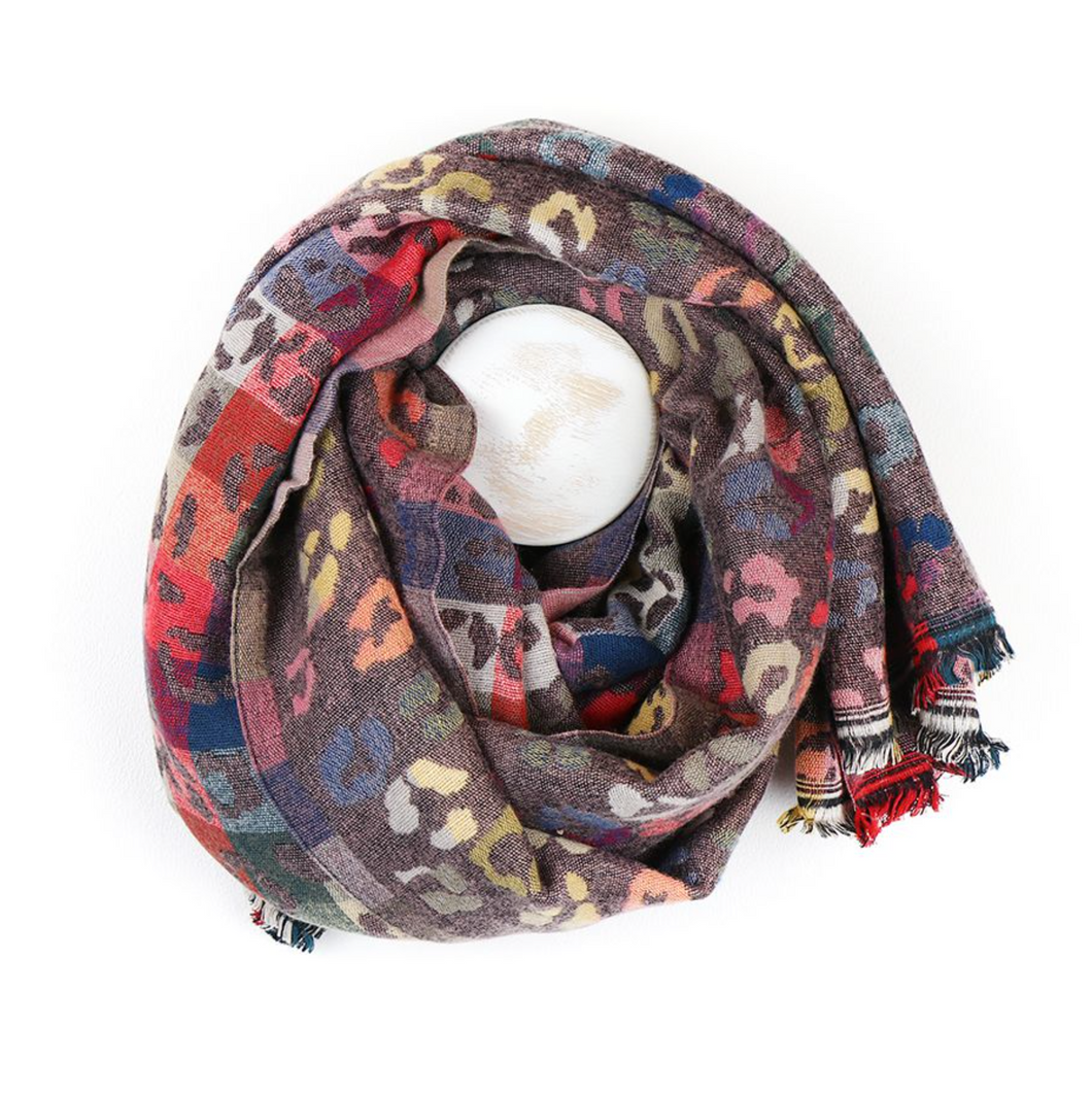 Taupe Jacquard Animal Print Scarf - Multicoloured