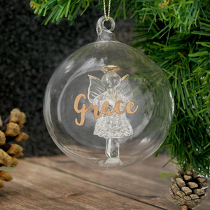 Personalised Gold Glitter Name Glass Christmas Bauble - Tree, Angel, LED Angel