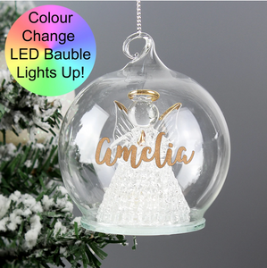 Personalised Gold Glitter Name Glass Christmas Bauble - Tree, Angel, LED Angel